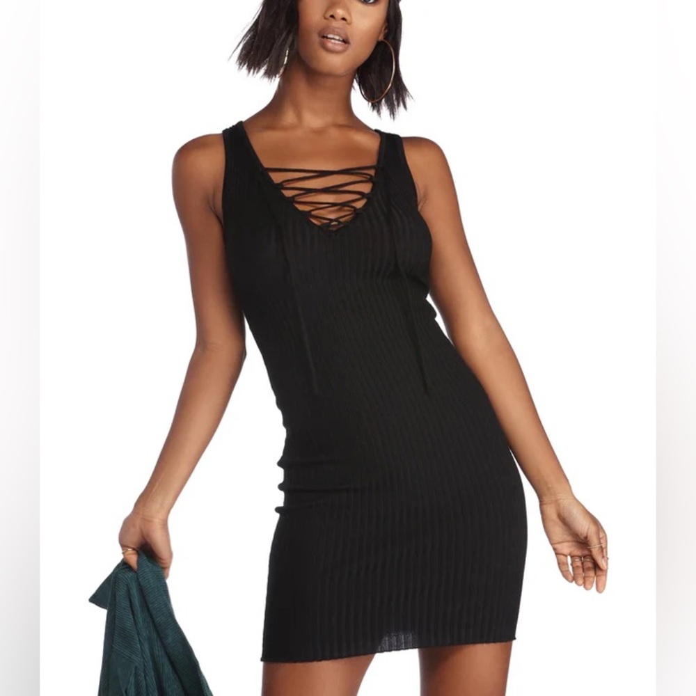 Black Ribbed Lace-Up Bodycon Dress Pace Up neckline by Ambiance Size M Mini